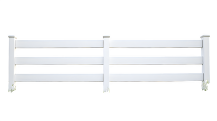 Transparent vinyl ranch fence section, 3 horizontal rails, smooth surface, perfect condition, ultra HD photo, sharp focus, isolated on Transparent Background