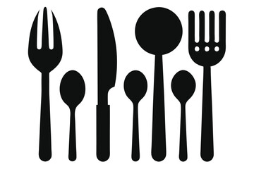 Flatware arrangement shows two forks, knife and spoons standing upright in a simple, elegant design