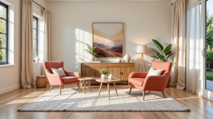 Cozy living room with modern furniture, natural light, bright colors, and inviting decor in a serene atmosphere