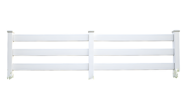 Transparent vinyl ranch fence section, 3 horizontal rails, smooth surface, perfect condition, ultra HD photo, sharp focus, isolated on Transparent Background