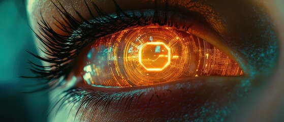 Human eye showcasing cybernetic enhancements in vibrant orange glow