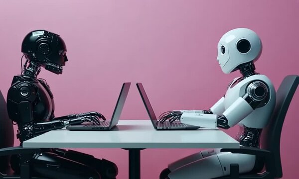 Two humanoid robots working together on laptops in a futuristic lab collaborating on AI project in daytime.4k high resolution
