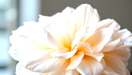 Fototapeta premium an elegant white flower with layered petals is resting on a surface, its yellow center adding a pop of contrasting color to its delicate beauty