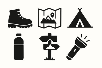 Essential camping and hiking icons in black Vector