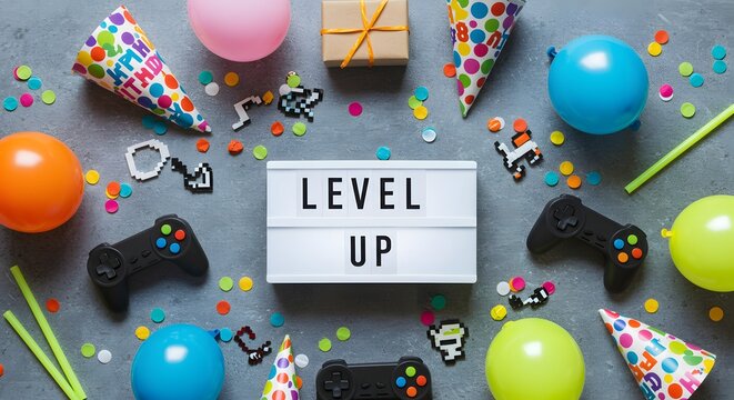 Level Up Birthday Celebration Flat Lay