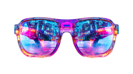 Sunglasses reflecting futuristic cityscape, purple, blue, «, cut out transparent"