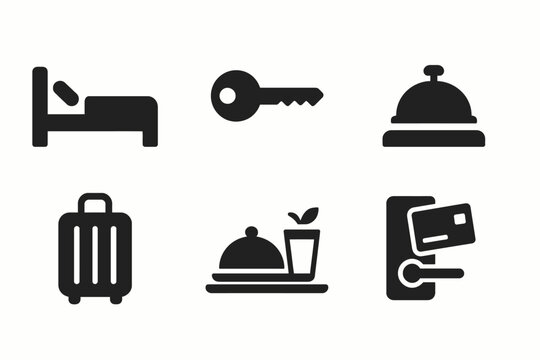 Solid black hotel and accommodation icons set Vector