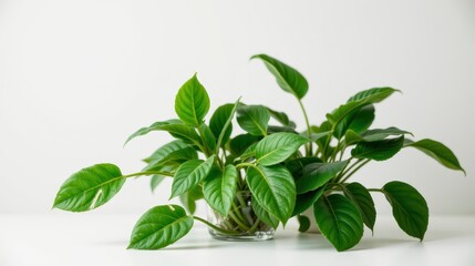 Obraz premium Lush Green Plant in Glass Container with Vibrant Leaves Against a Minimalistic Background