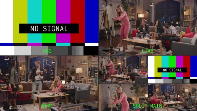TV Show Broadcast Interface with a Comedy Television Sitcom with Four Female and Male Friends in a Living Room. Screen Replacement Template for Director's Technical Panel with Advanced Controls