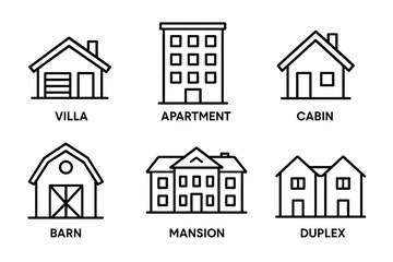 Black and white real estate building type icons Vector