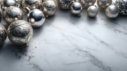 Ornate Holiday Ornaments: An exquisite assortment of silver and gold baubles, each possessing a unique texture and sheen, gracefully adorns a sleek, marbled surface.