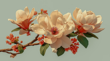 A stunning close-up of magnolia flowers in soft pastel tones, with delicate petals and blossoms, creating an elegant and natural floral arrangement