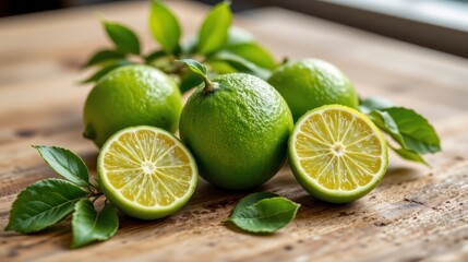 Fresh Green Limes with Slices and Leaves on Wooden Table in Bright Natural Light