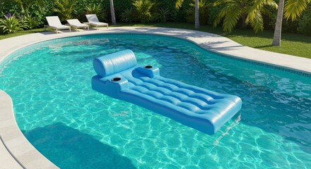 Fototapeta premium Blue Inflatable Pool Float with Cup Holders in a Sunny Backyard