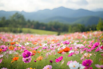 Fototapeta premium Vibrant Cosmos Flowers Bloom in a Meadow Landscape, Mountain Background