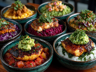 a food photograph showcasing a vibrant hawaiian lunch spread with various dishes including loco moco, poke bowls, kalua pig, and laulau on a wooden table.