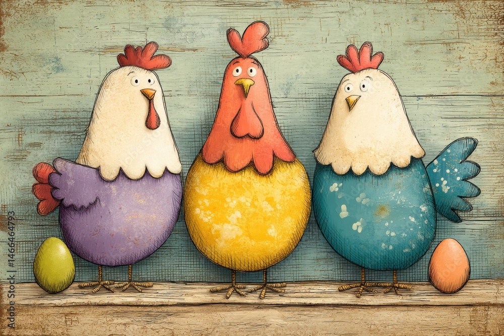 Poster whimsical cartoon hens showcasing colorful eggs against a rustic wooden backdrop with charming detai