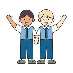 BOY STUDENTS HOLDING HANDS UP children illustration simple outline drawing character doodle diverse race and ethnicity people cute kawaii style