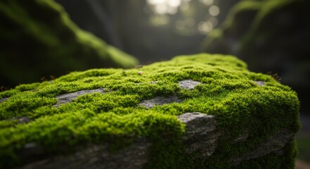 Closeup of Lush Green Moss on Gray Stone