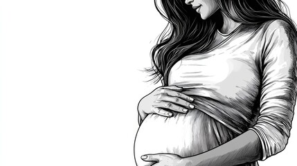 This monochrome illustration of a pregnant woman holding her belly is suitable for websites or blogs on motherhood, pregnancy, family planning, and health.

