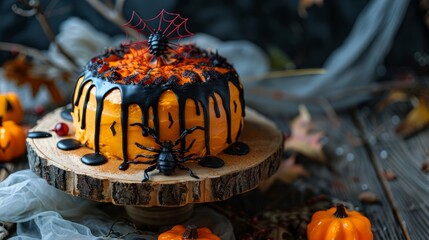Halloween-themed cake with black icing and spider decorations on a rustic wood stand. Dark background with pumpkins. Concept of festive dessert