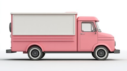 Pink food truck with a large blank white panel for mockup branding, on a white background. For food business sites, catering service promotions, or street food festival ads.