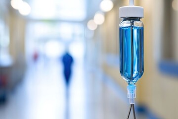 IV Fluid Bag in Hospital Corridor