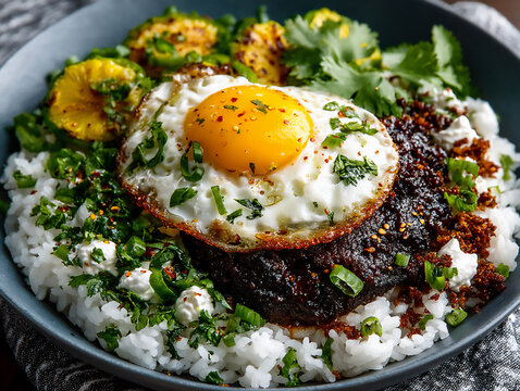 an image showcasing a beautifully plated homemade loco moco with the recipe card or cookbook open in the background.