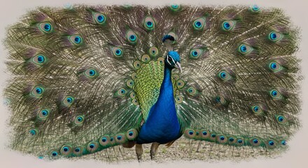 Obraz premium Peacock Displaying Feathers with Eye-spot Pattern in Full Display
