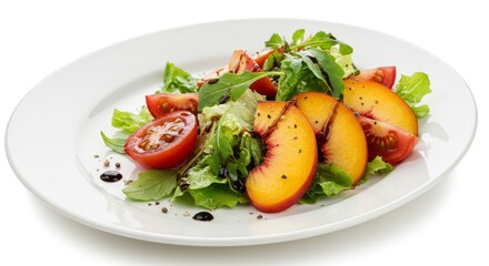 Fresh Peach and Tomato Salad with Lettuce on White Plate