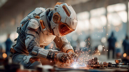 Advanced humanoid robot performing precise welding task with flying sparks in industrial setting, wearing futuristic armor and visor. Concept of robotics in manufacturing and future of automation