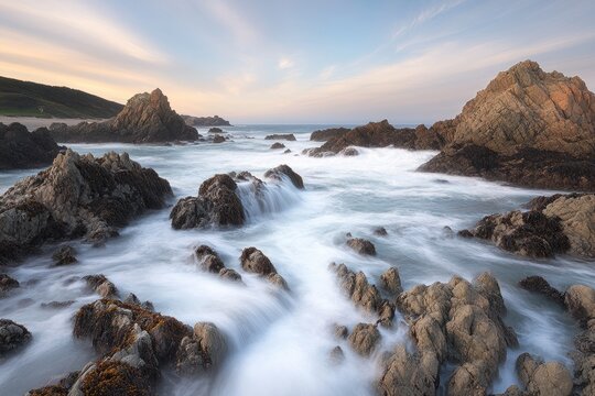 Coastal Rocks and Waves at Dusk