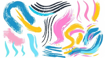 Colorful Bold Curved Lines Collection: Hand-Drawn Grunge Brush Strokes, Scribbles & Swirls on White