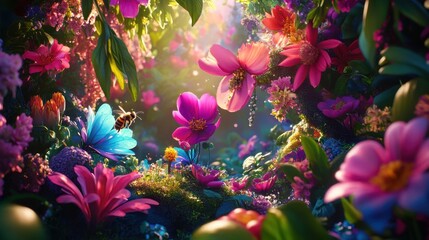 Delicate summer flowers in a surreal fairy garden with one bee gathering pollen among vibrant colors
