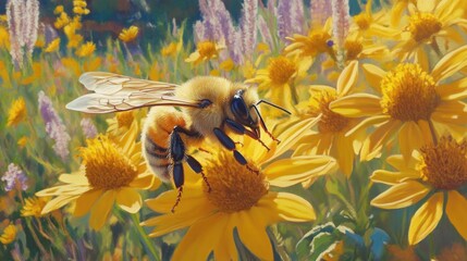 Detailed wings of a bee captured as it lands on bright yellow blossoms in an enchanted garden
