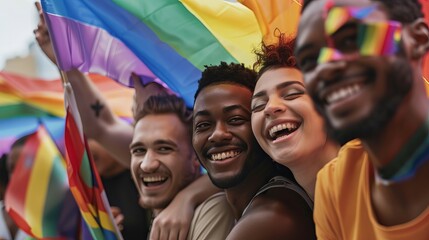Diverse group of people from various ethnicities celebrating LGBTQ+ pride with vibrant rainbow flags in a joyful outdoor scene embracing equality and inclusion
