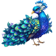 A Cartoon Peacock Admiring Its Reflection Iridescent Isolated on Transparent Background