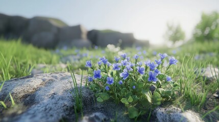 Obraz premium Flax blue flowers growing in a wild meadow swaying gently in the breeze