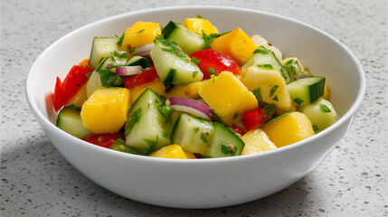 Colorful vegetable salad in a white bowl, fresh and vibrant ingredients. A healthy and delicious meal choice.