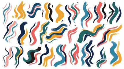 Colorful Bold Curved Lines Collection: Hand-Drawn Grunge Brush Strokes, Scribbles & Swirls on White
