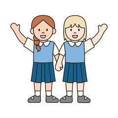 GIRL STUDENTS HOLDING HANDS UP children illustration simple outline drawing character doodle diverse race and ethnicity people cute kawaii style