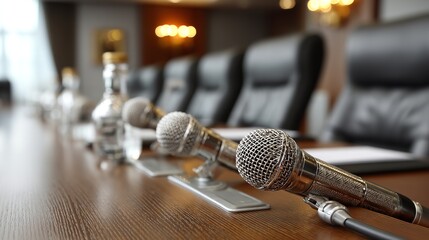 Obraz premium Microphones on a Conference Table with Chairs and Panel Setup, Business Meeting Room Interior with Space for Text