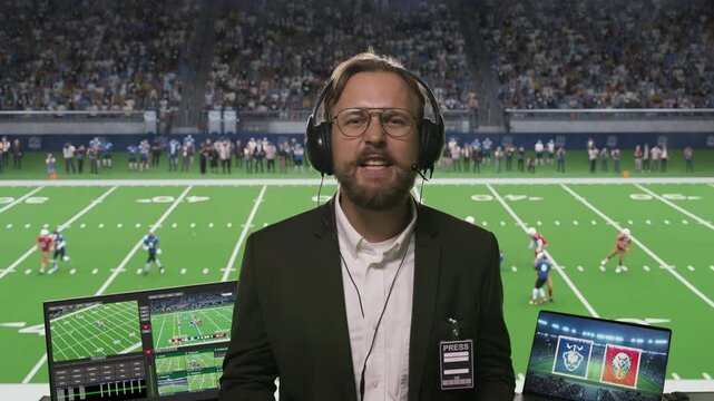 TV Sports Commentator Announcing the Beginning of an American Football Match. Male Sportscaster Looking at Camera, Talking, Providing Information About the Upcoming Championship. Screen Replacement