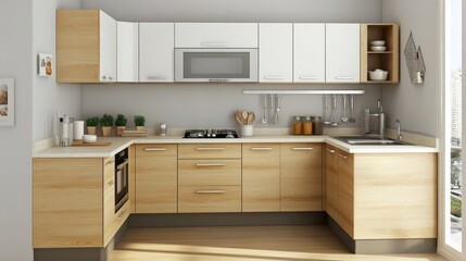 L-shaped modular kitchen in limited condo space with wood textures