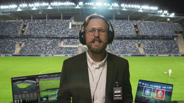 Playback Template for Television News Program with Sports Commentator Covering a Live Soccer Championship. Male Host Wearing Glasses and Headphones, Describing What is Happening on a Field to Viewers