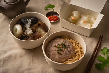 A traditional Asian meal featuring savory meatballs over noodles, steamed dumplings, and a side of spicy dipping sauce, perfect for a hearty and flavorful meal
