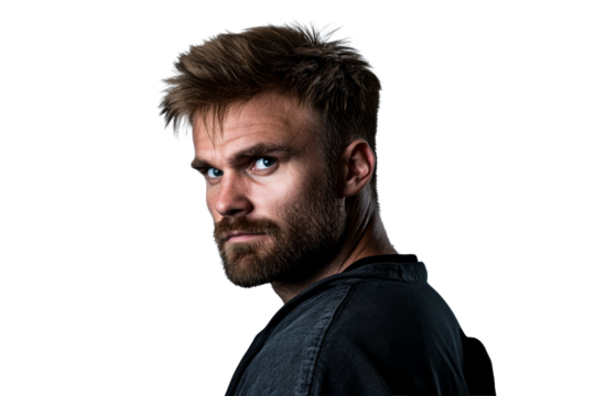 Stern looking man with beard glancing over shoulder, cut out transparent