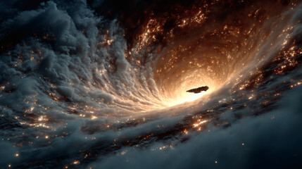 Fototapeta premium Spacecraft entering mysterious wormhole amidst cosmic phenomena deep space digital art sci-fi
