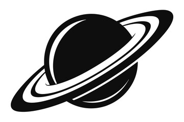 Black silhouette showing a planet surrounded by multiple white colored rings on a white background