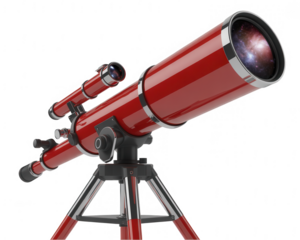 A red telescope on a tripod against a black background showing a galaxy in the lens of the telescope